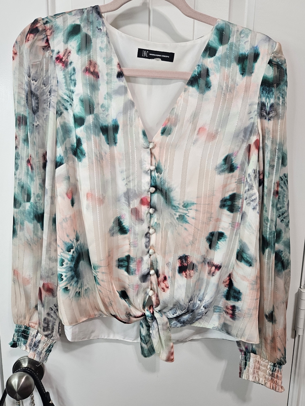 INC International Concepts Floral Tie-Front V-Neck Blouse in Multicolor Tie Dye